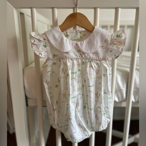 Baby Bubble Romper with Peter Pan Collar - White with Pastel Duck Print